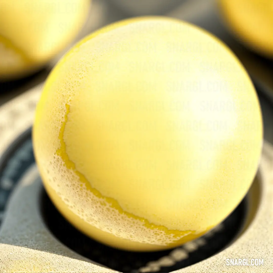 Yellow bath ball on top of a black plate on a table top next to other bath products