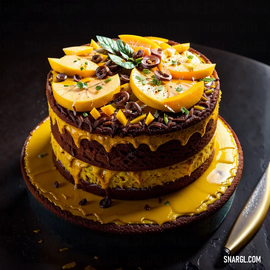 Cake with orange slices and chocolate frosting on a plate with a knife and fork on the side. Example of RGB 249,218,0 color.
