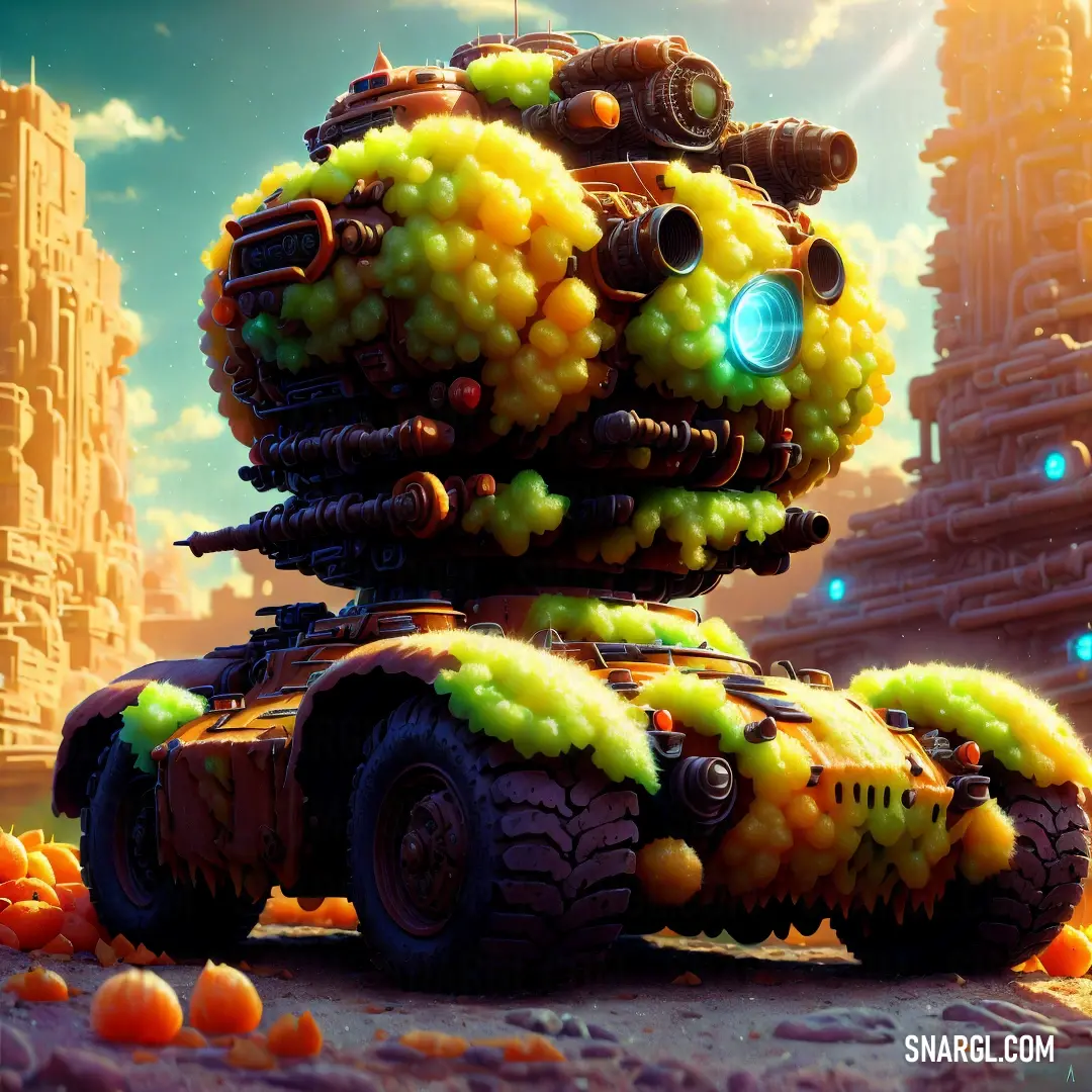 Cartoon character made of a robot with a bunch of fruit on it's back and a city in the background. Example of CMYK 0,5,98,0 color.