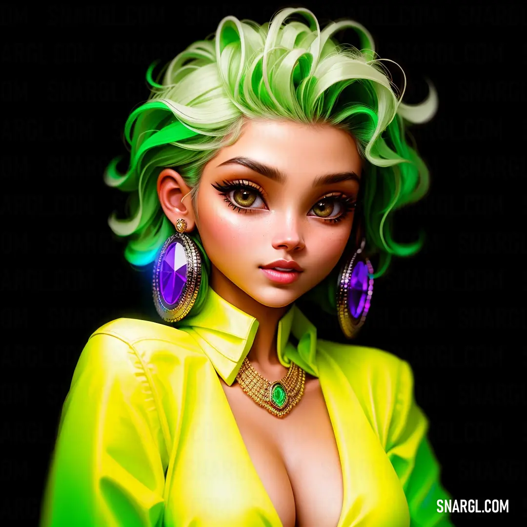 Digital painting of a woman with green hair and earrings on her head and a yellow shirt on her body