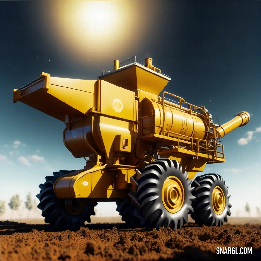 Large yellow truck with big wheels on a dirt field with a bright sun in the background and a blue sky. Example of #F9DA00 color.