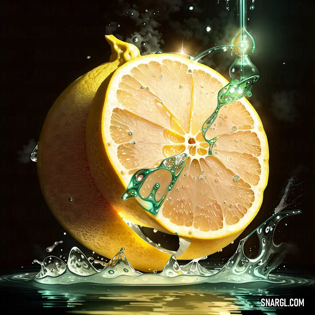 Lemon is cut in half and is being squeezed into water by a green hook on a black background. Example of RGB 249,218,0 color.