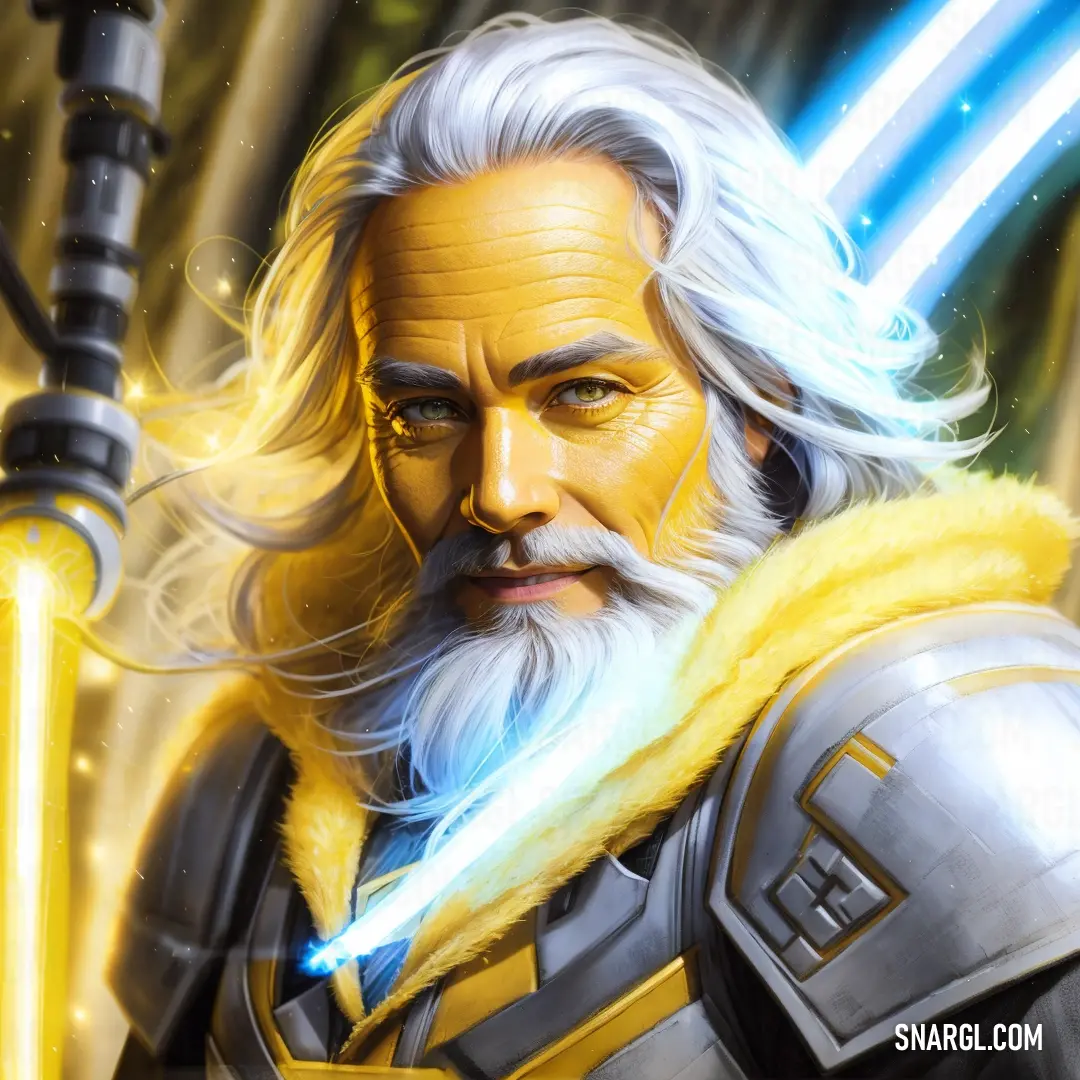 Man with a beard and a beard with a sword in his hand and a yellow robe on his chest