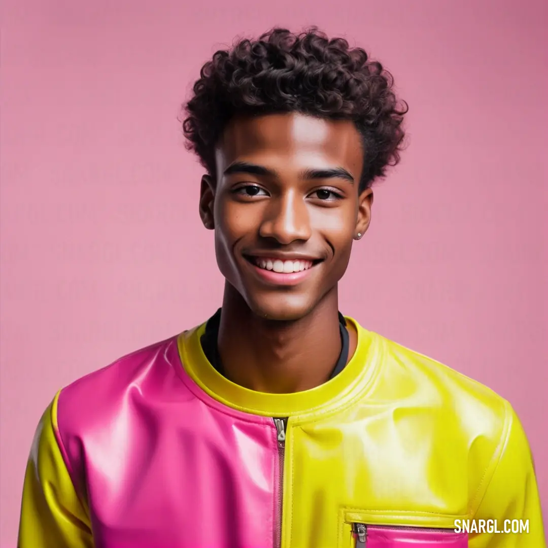 Man with a pink and yellow jacket smiling at the camera with a pink background