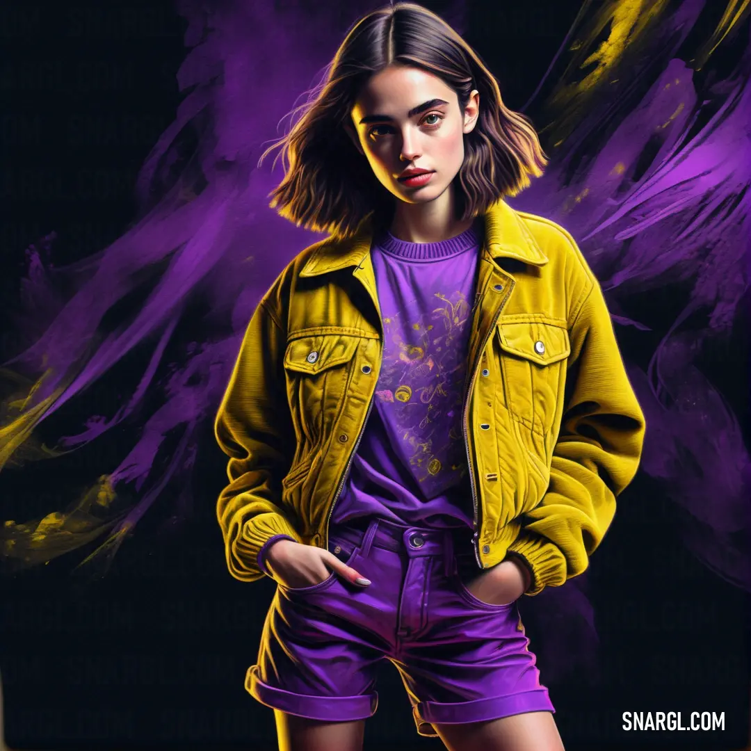 Painting of a woman in a yellow jacket and purple shorts with a purple background