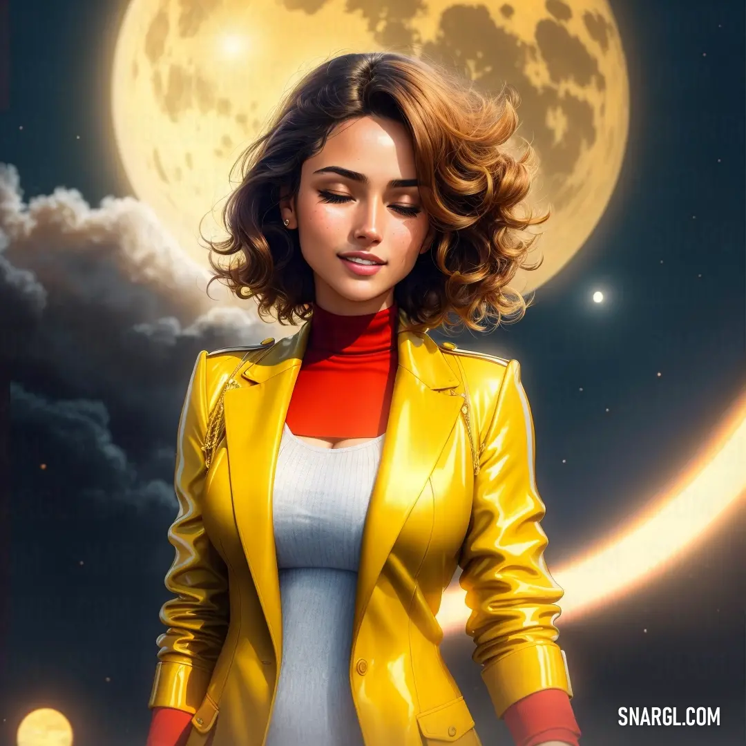 Woman in a yellow jacket standing in front of a full moon with a red top on her shoulders
