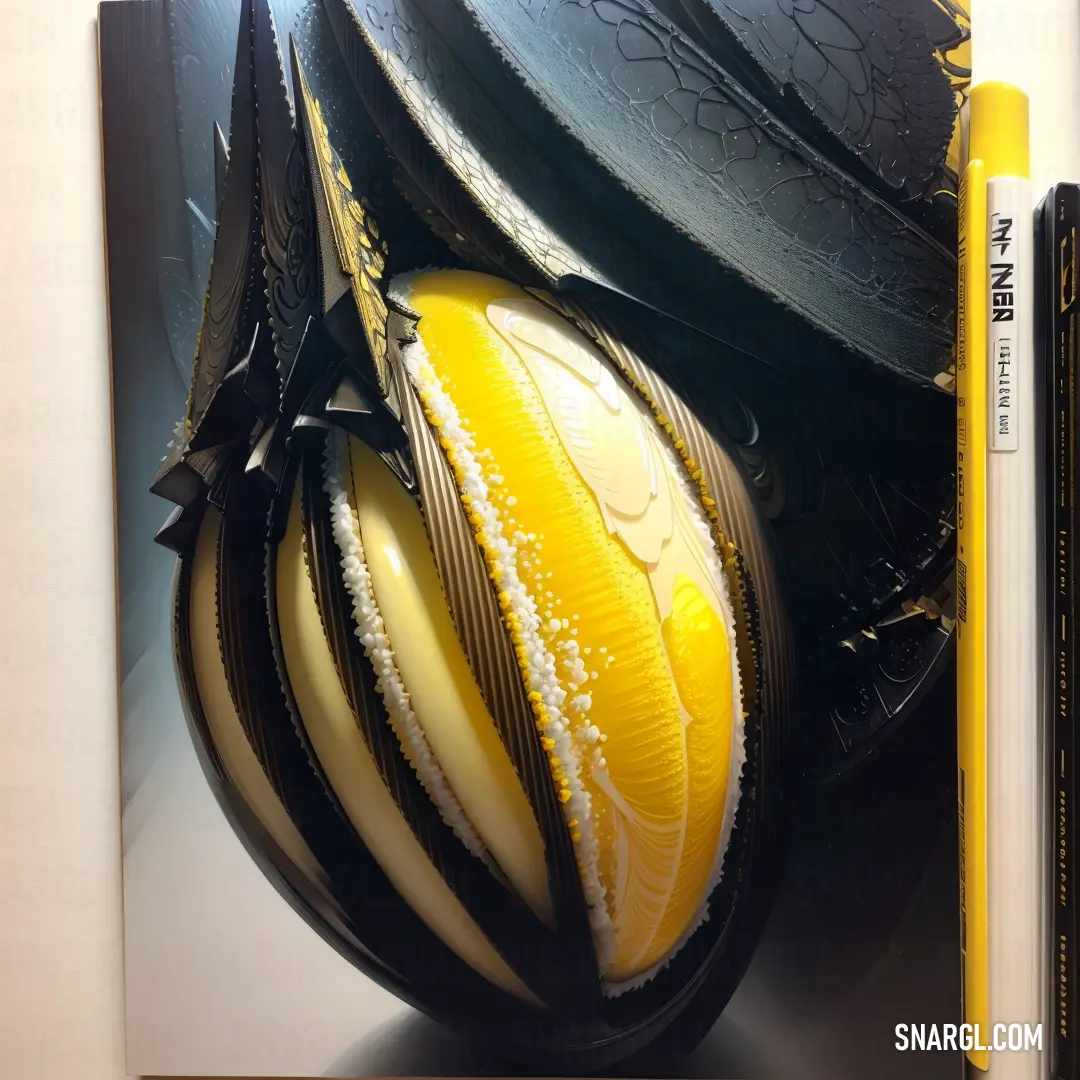 Yellow and black object is on display in a book case with a pencil in it and a yellow pen. Color RGB 249,218,0.