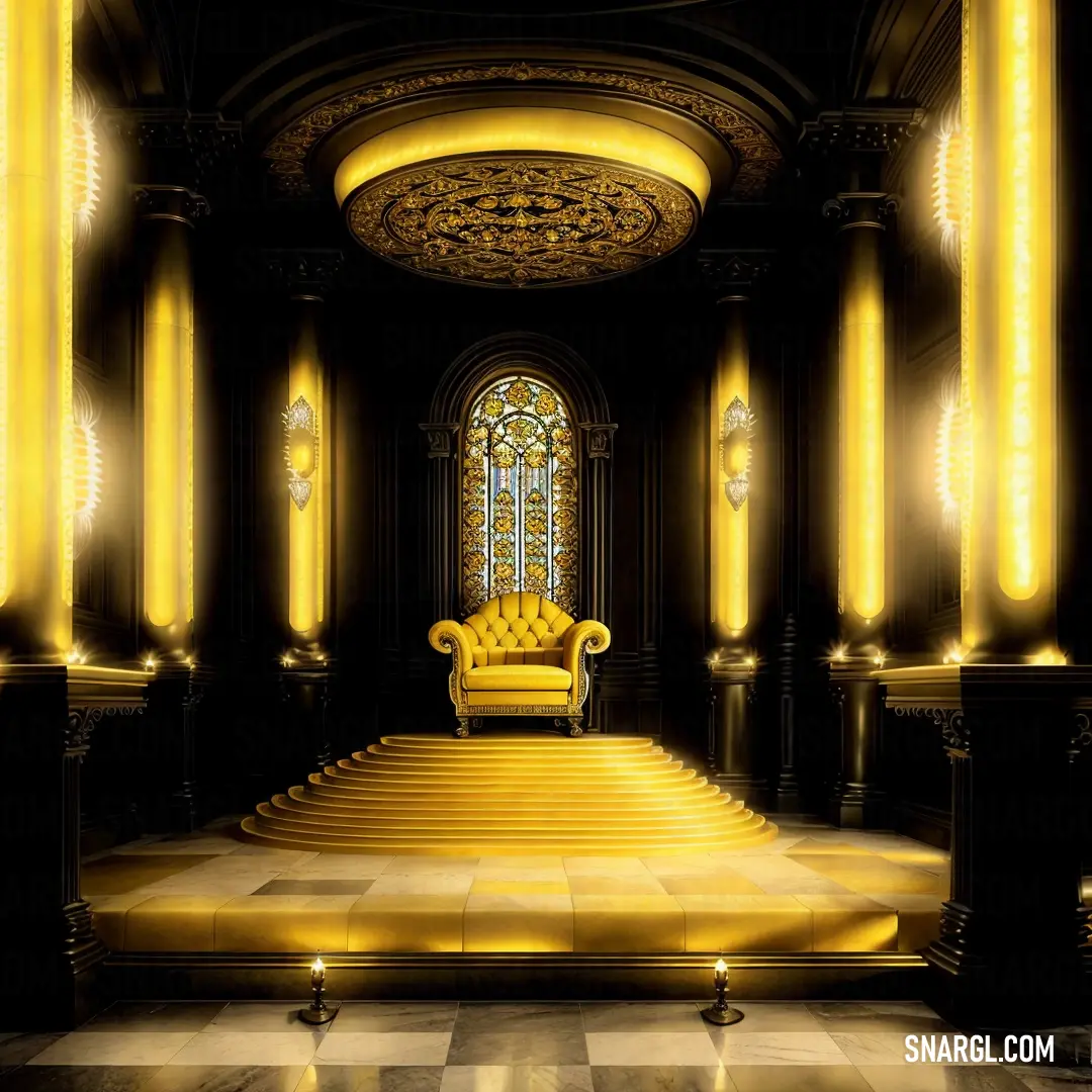 Yellow chair in a room with a checkered floor and a stained glass window in the background. Example of #F9DA00 color.