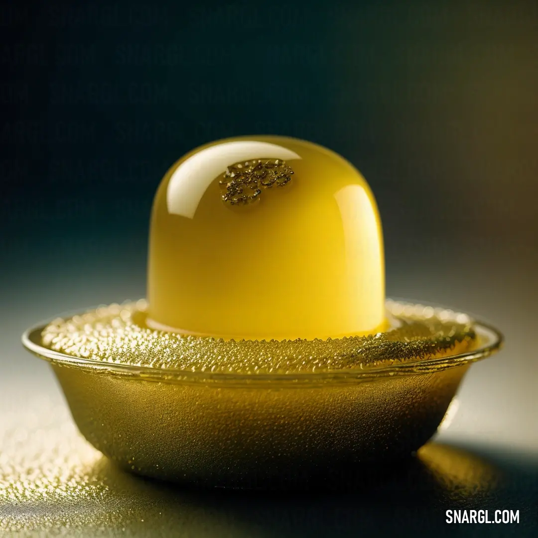 Yellow dessert with a gold decoration on top of it in a bowl on a table top with a black background. Example of RGB 249,218,0 color.