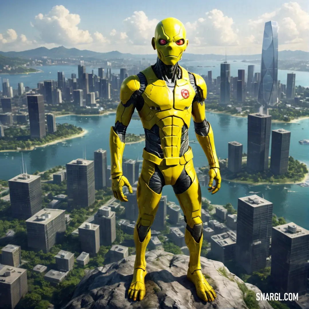 Yellow robot standing on top of a rock in a city with a river in the background and a cityscape in the foreground