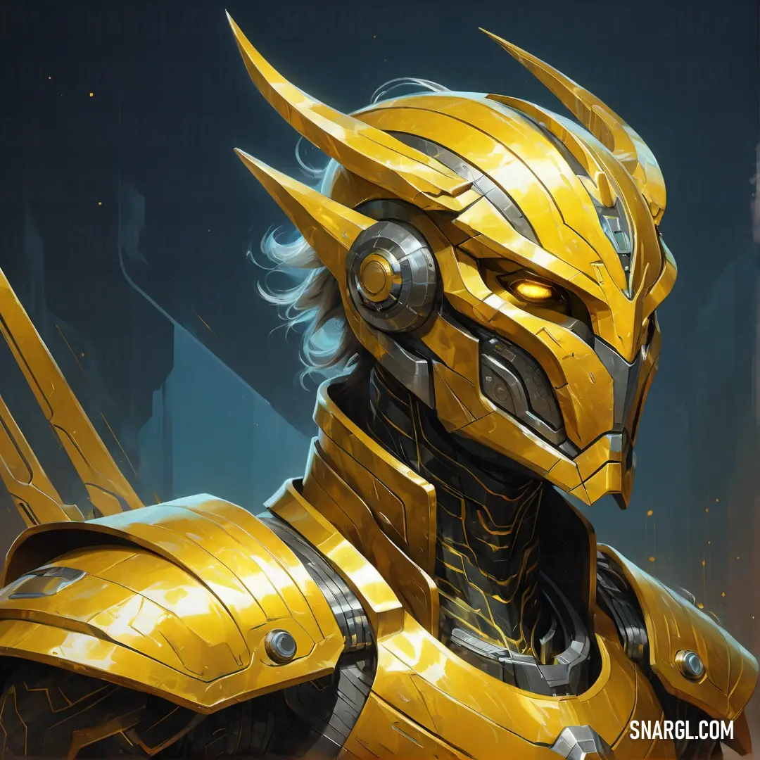 Yellow robot with a helmet and a sword in his hand. Color PANTONE 108.