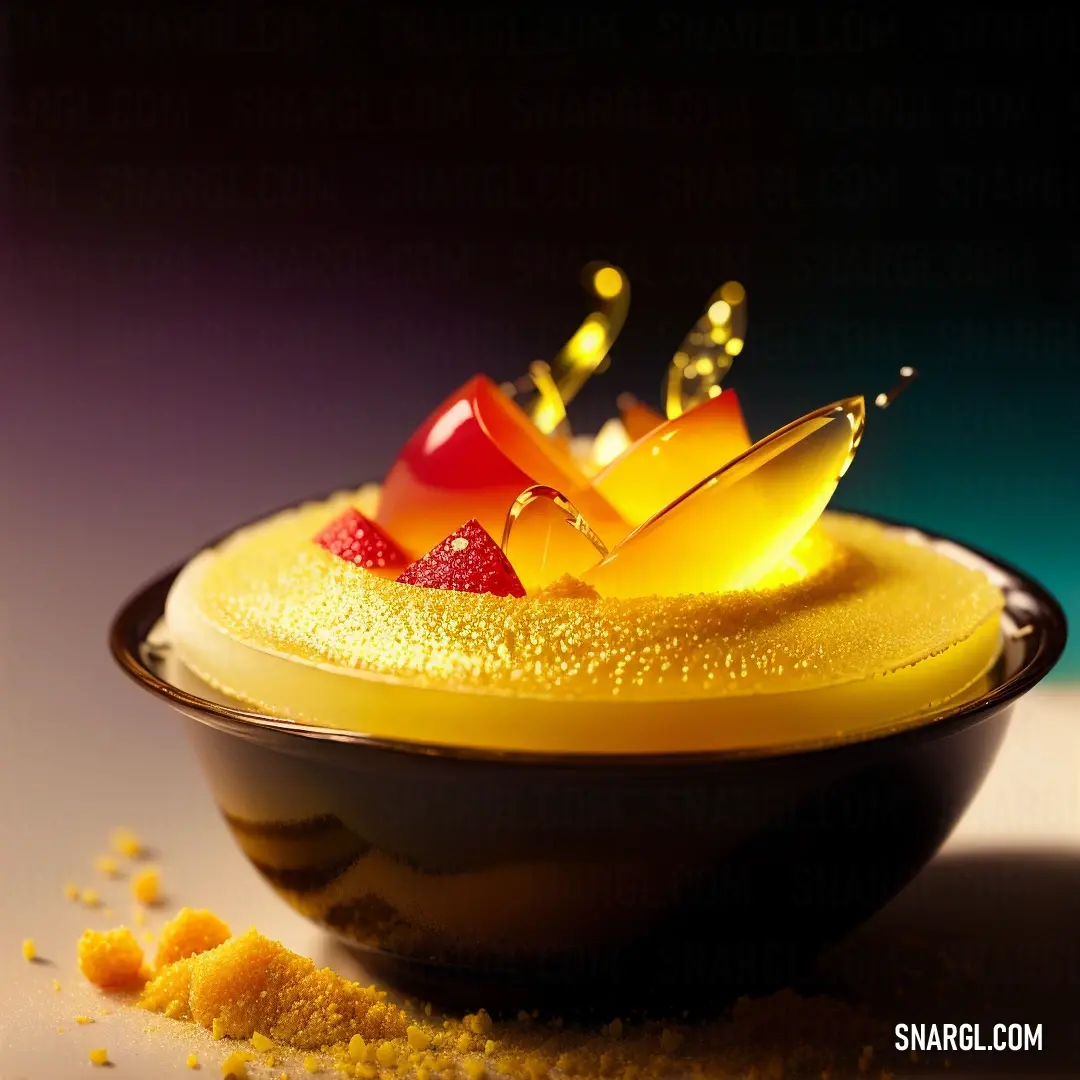 Bowl of fruit with a spoon in it on a table with a black background and a yellow bowl with a red