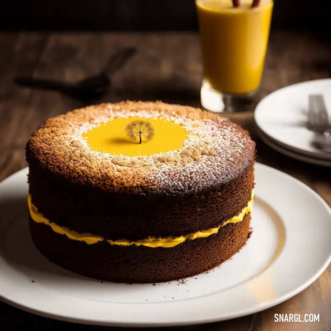 Chocolate cake with a yellow center on a plate with a glass of orange juice in the background and a fork and knife