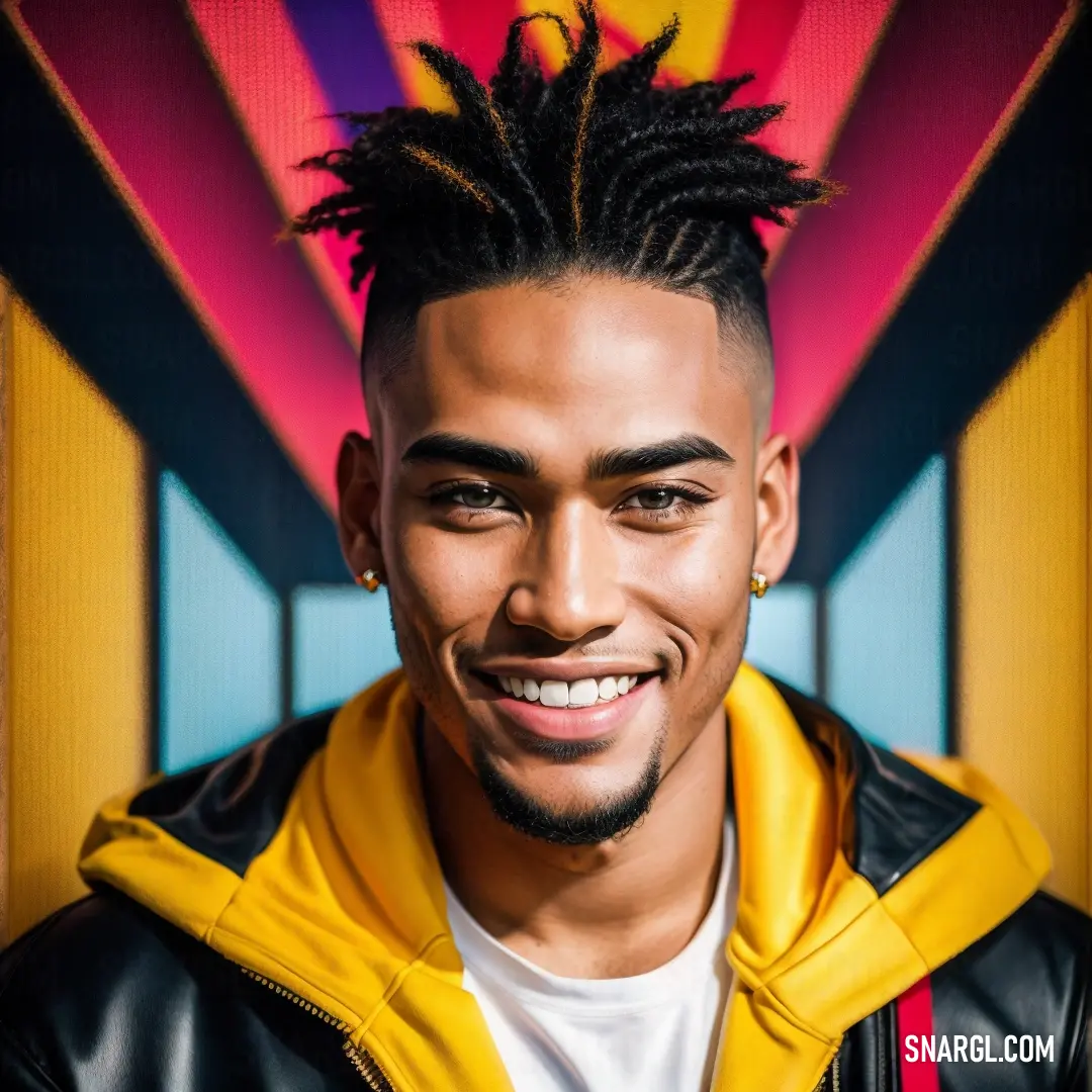 Man with a mohawk and a yellow jacket smiling at the camera with a colorful background behind him