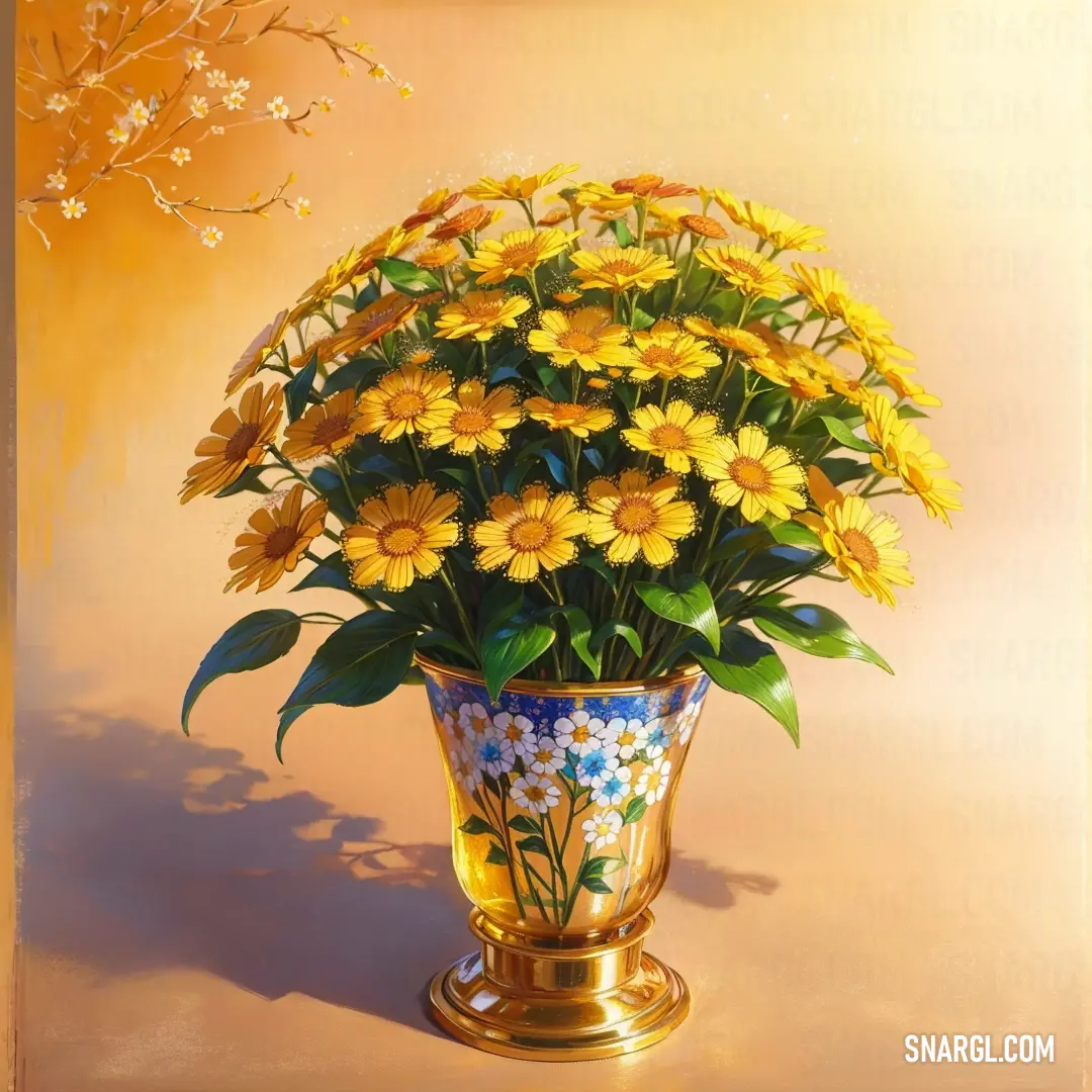 Painting of a vase filled with yellow flowers on a table top with a yellow background and a gold frame
