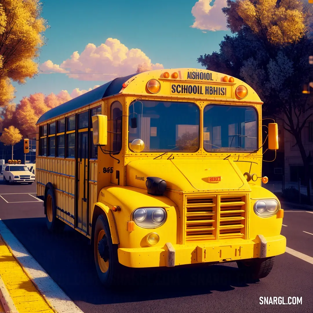 Yellow school bus driving down a street next to a tree filled street with cars and a building in the background