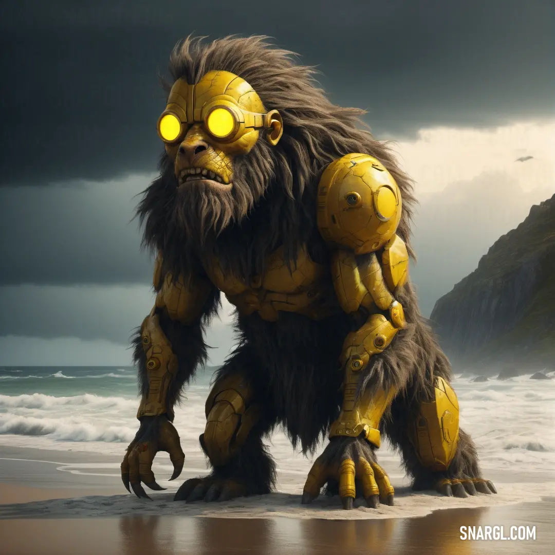Big furry creature standing on a beach next to the ocean with yellow eyes and a beard