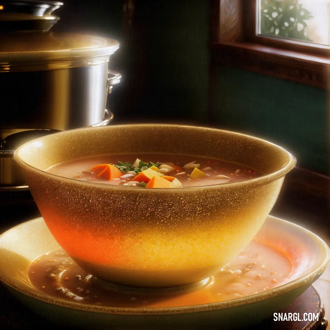 Bowl of soup on a plate next to a pot of soup on a table with a spoon