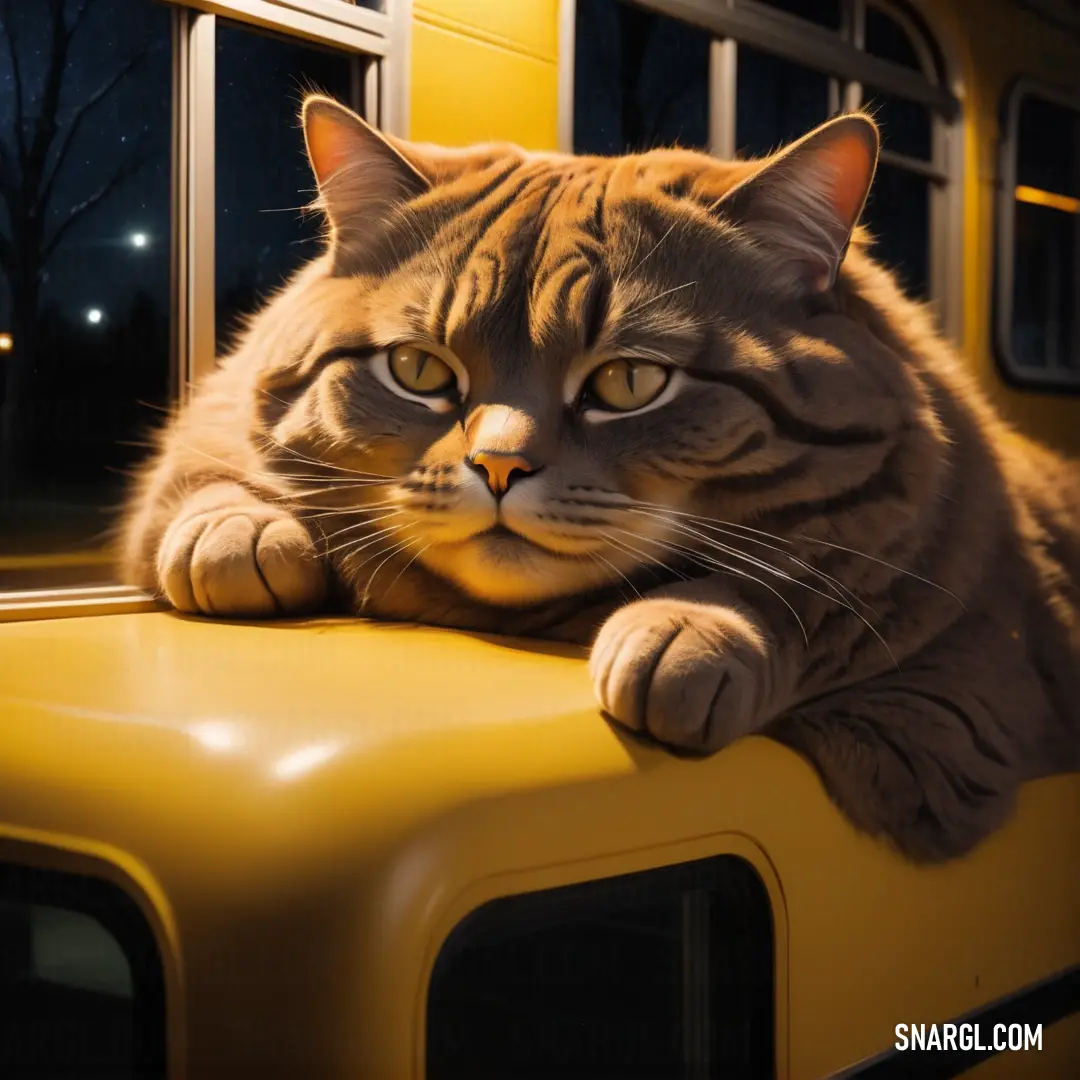 Cat laying on top of a yellow car in the dark night time
