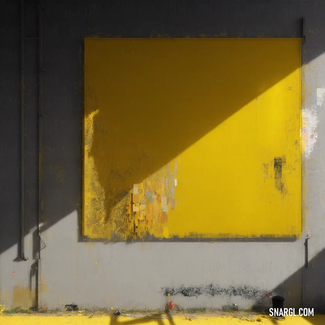 Yellow window with a shadow of a bench in front of it and a wall