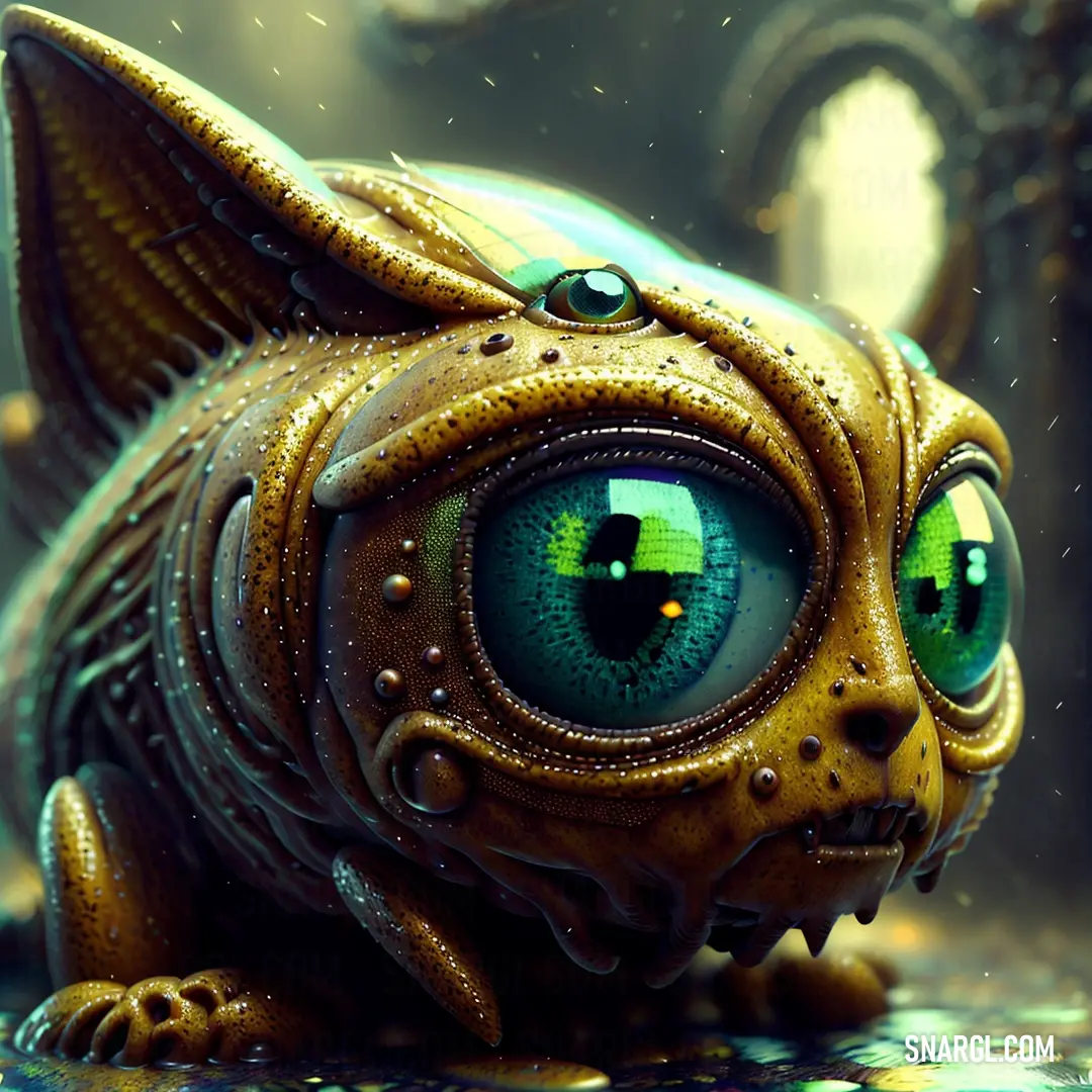 Cat with green eyes on a surface with water droplets on it's face and eyes are glowing