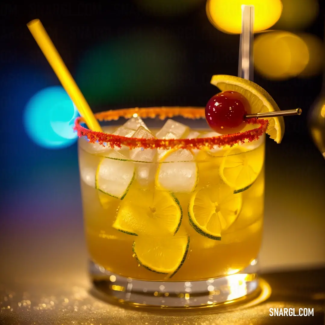 Cocktail with a cherry on the top and a straw in the glass with ice and lemon slices on the rim