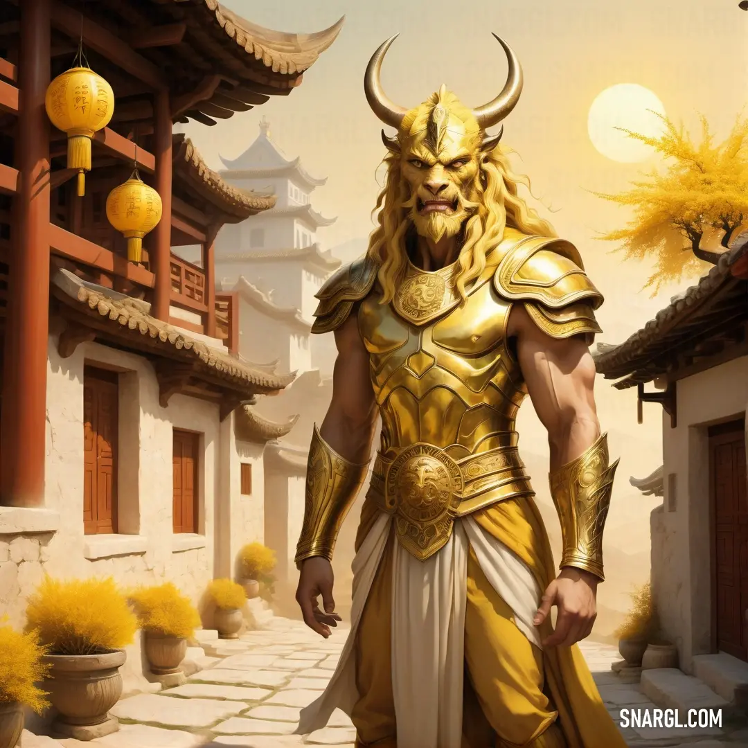 Man dressed in a golden armor and helmet walking down a street with a yellow lantern in the background. Color RGB 182,153,32.