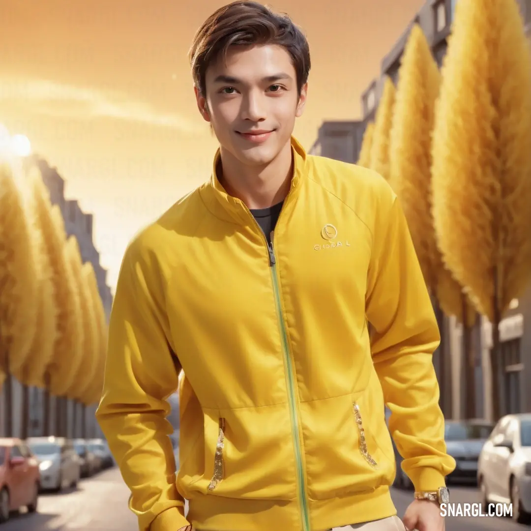 Man standing in front of a row of trees in a yellow jacket and white pants with a yellow jacket on. Color #B69920.