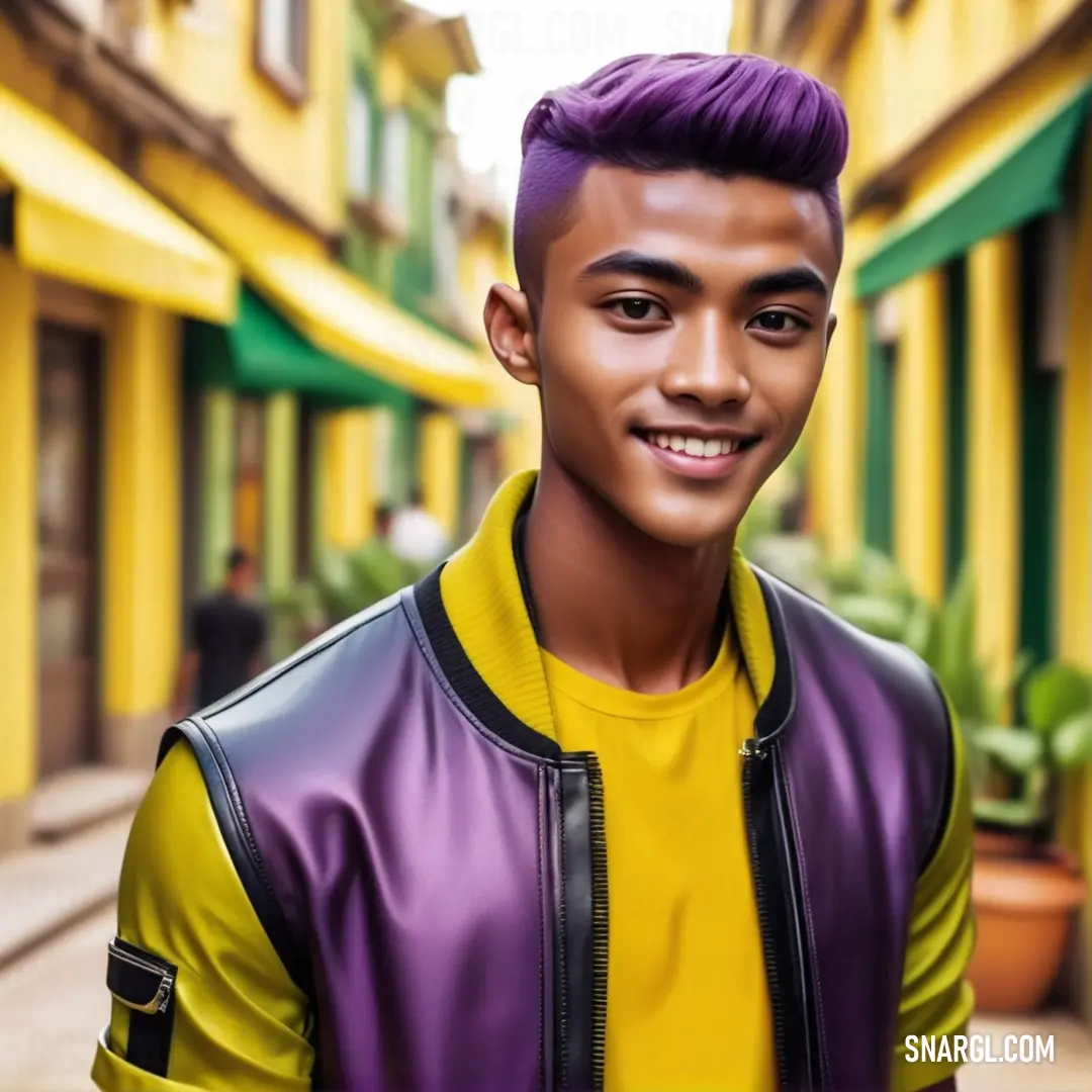 PANTONE 111 color. Man with a purple hair and a yellow shirt is standing in front of a yellow building and smiling