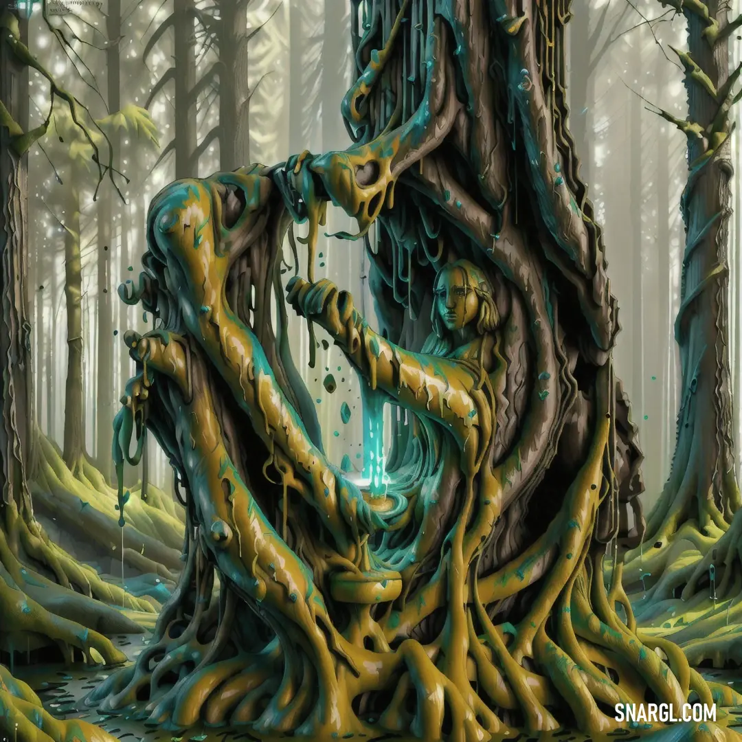 Painting of a tree with a strange looking trunk in the middle of the forest with a light coming from it