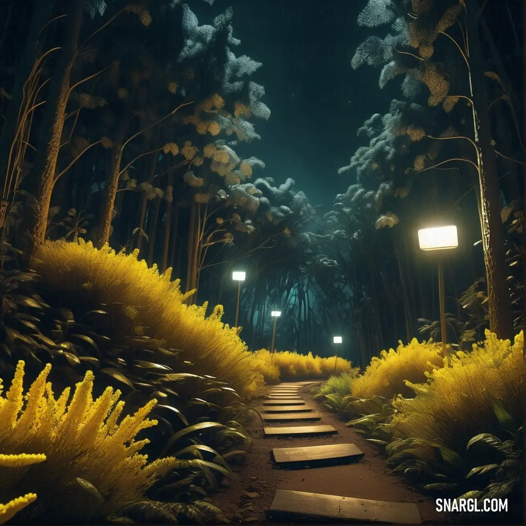 Pathway in a forest with a street light at night time with yellow flowers and trees in the background. Example of CMYK 8,21,100,28 color.