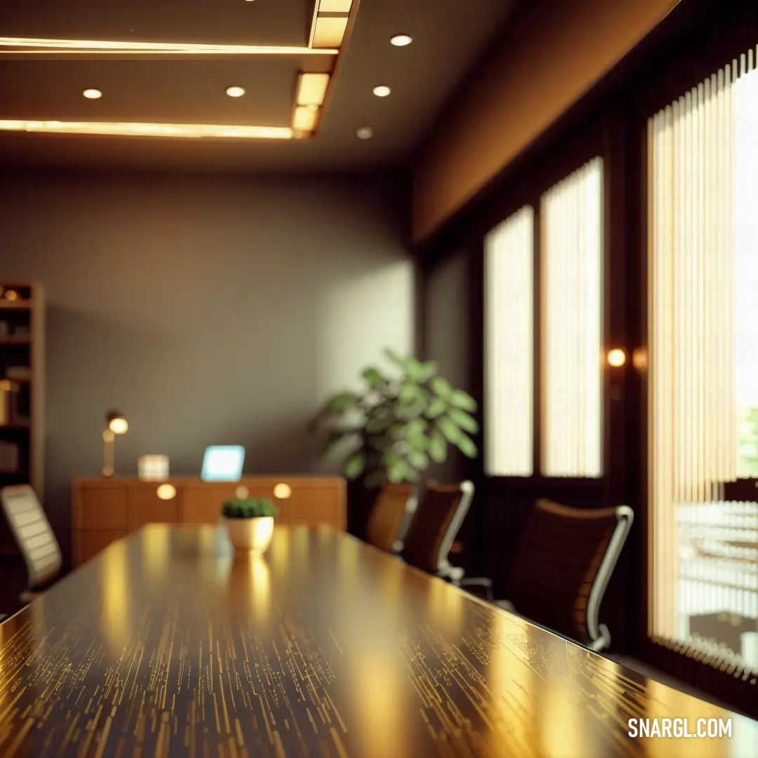 Conference room with a wooden table and chairs and a television on the wall in the background with a plant in the foreground