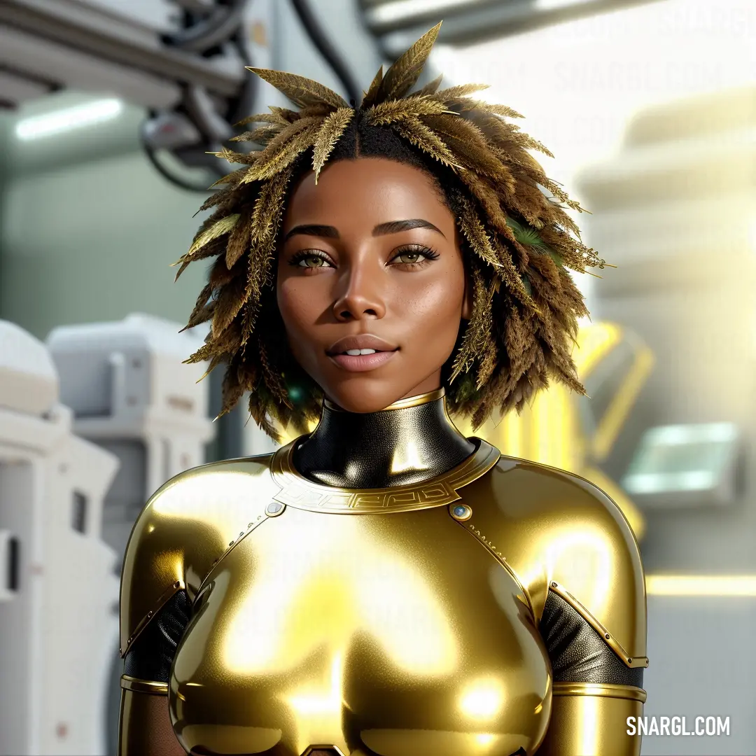 Woman with a gold outfit and dreadlocks on her head and chest