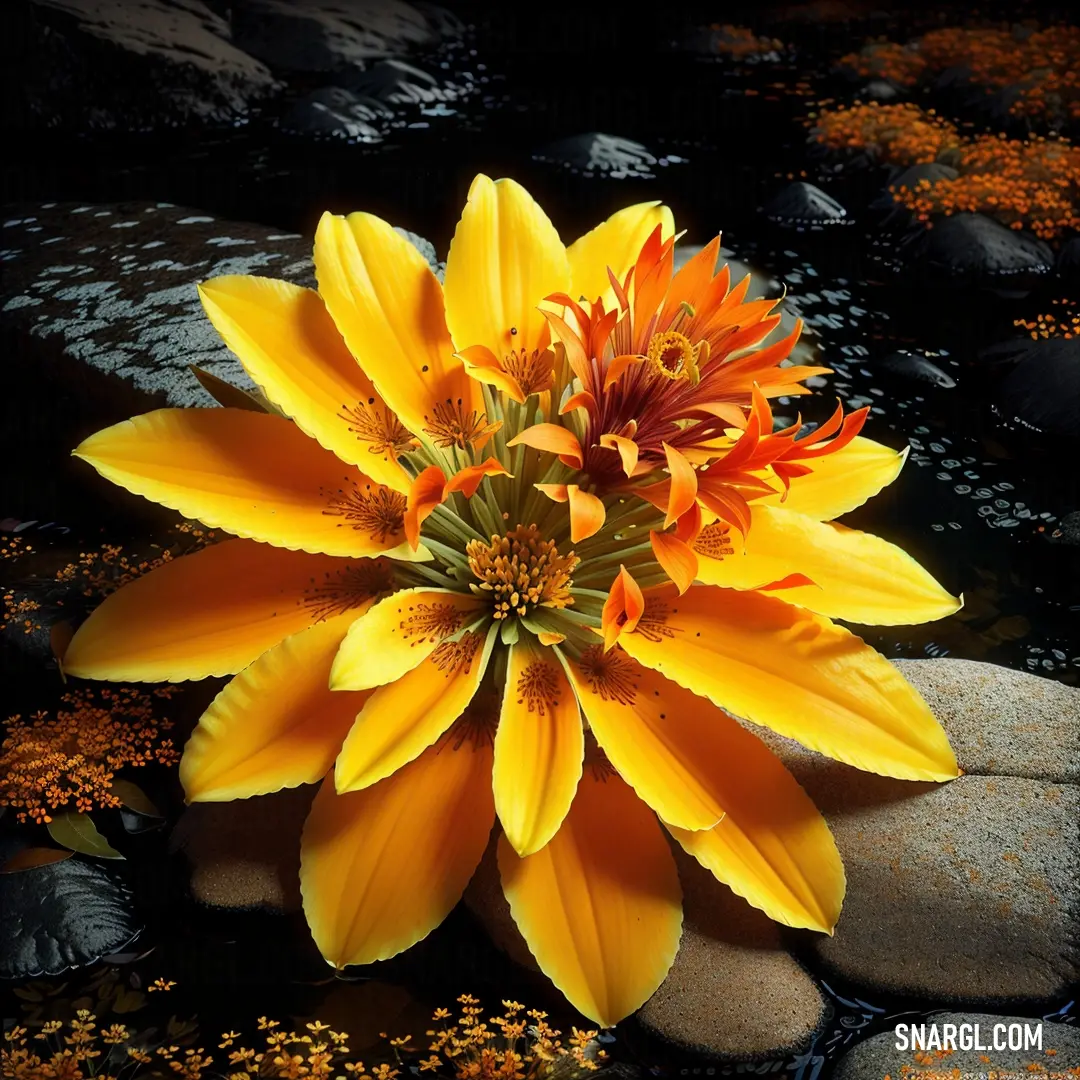 Yellow flower is on some rocks and water with yellow flowers in the middle of it