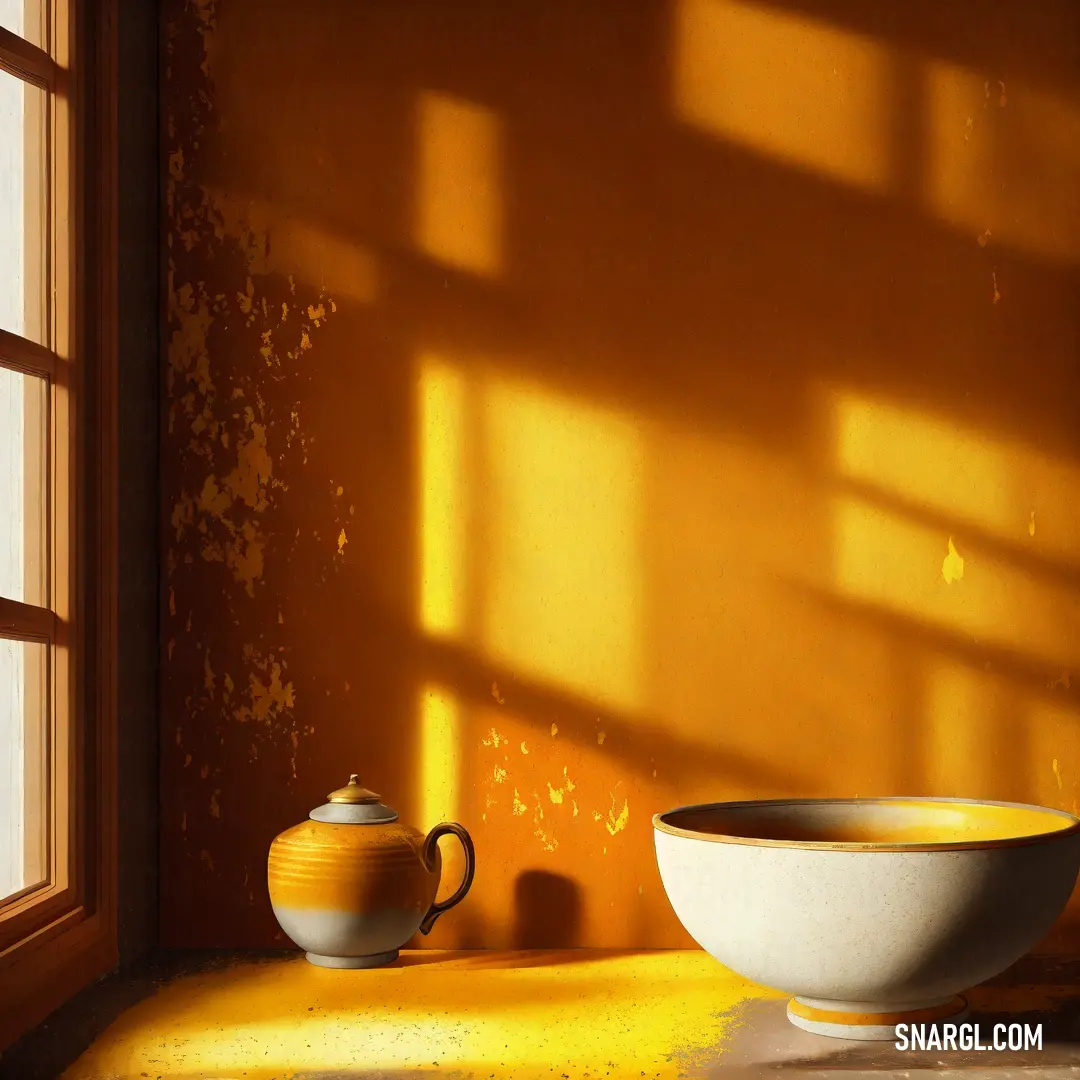 Bowl and a teapot on a table in front of a window with a shadow of a wall