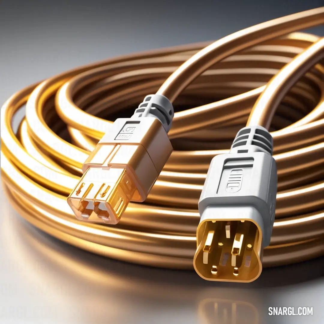 A captivating close-up of a cable featuring a rich gold-colored cord intertwined with a white cord and contrasting black component, showcasing intricate details that invite exploration of color #F8DB46.