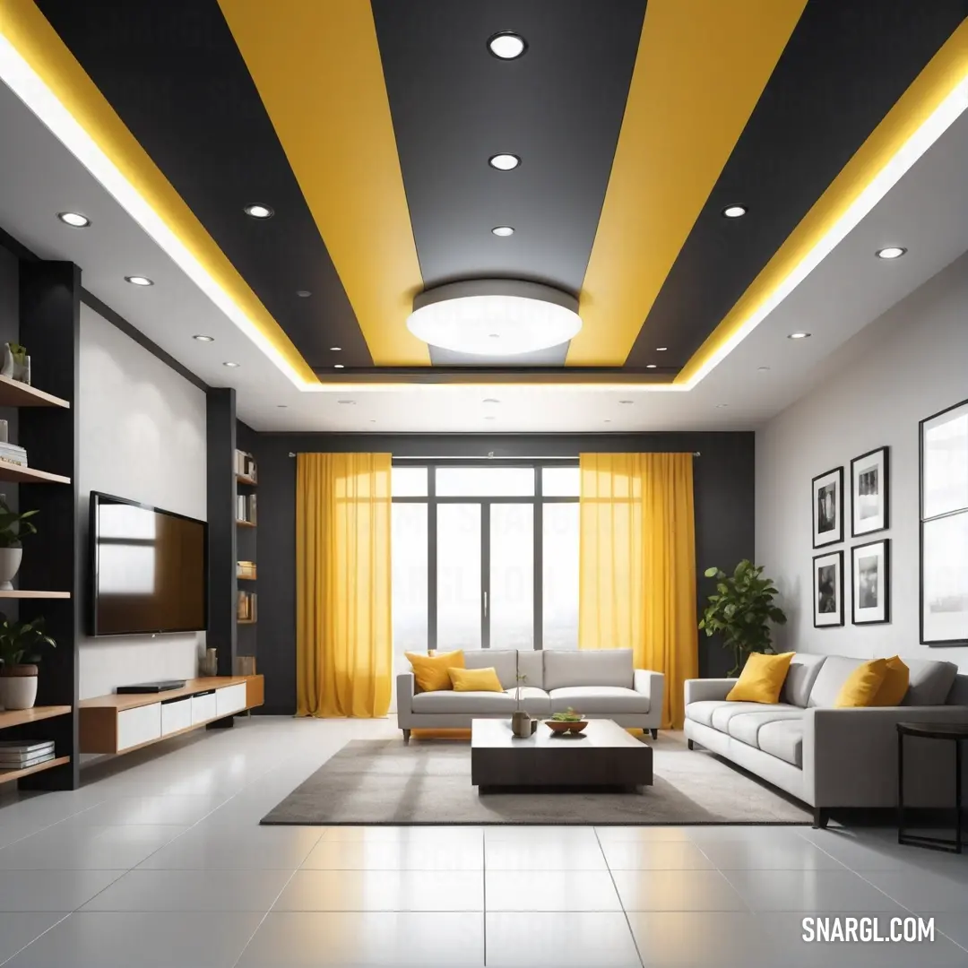 An inviting living room brimming with comfort, showcasing a stylish couch and coffee table amidst accents of PANTONE 115, creating a warm and cozy atmosphere.