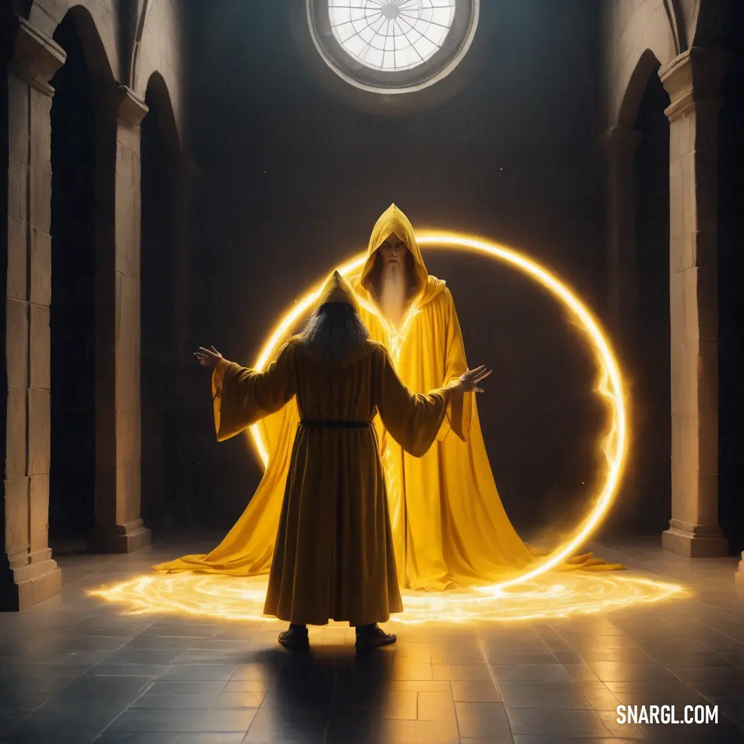 Man in a robe is standing in a circle of light in a dark room with a clock on the wall