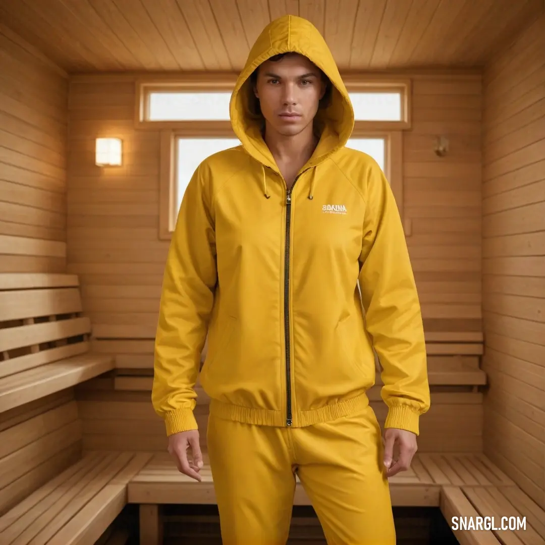 A man dressed in a vibrant yellow jacket and pants appears relaxed in a sauna room, surrounded by wooden benches and a gently lit window. The warm tones enhance the representation of PANTONE 115, embodying comfort and style.