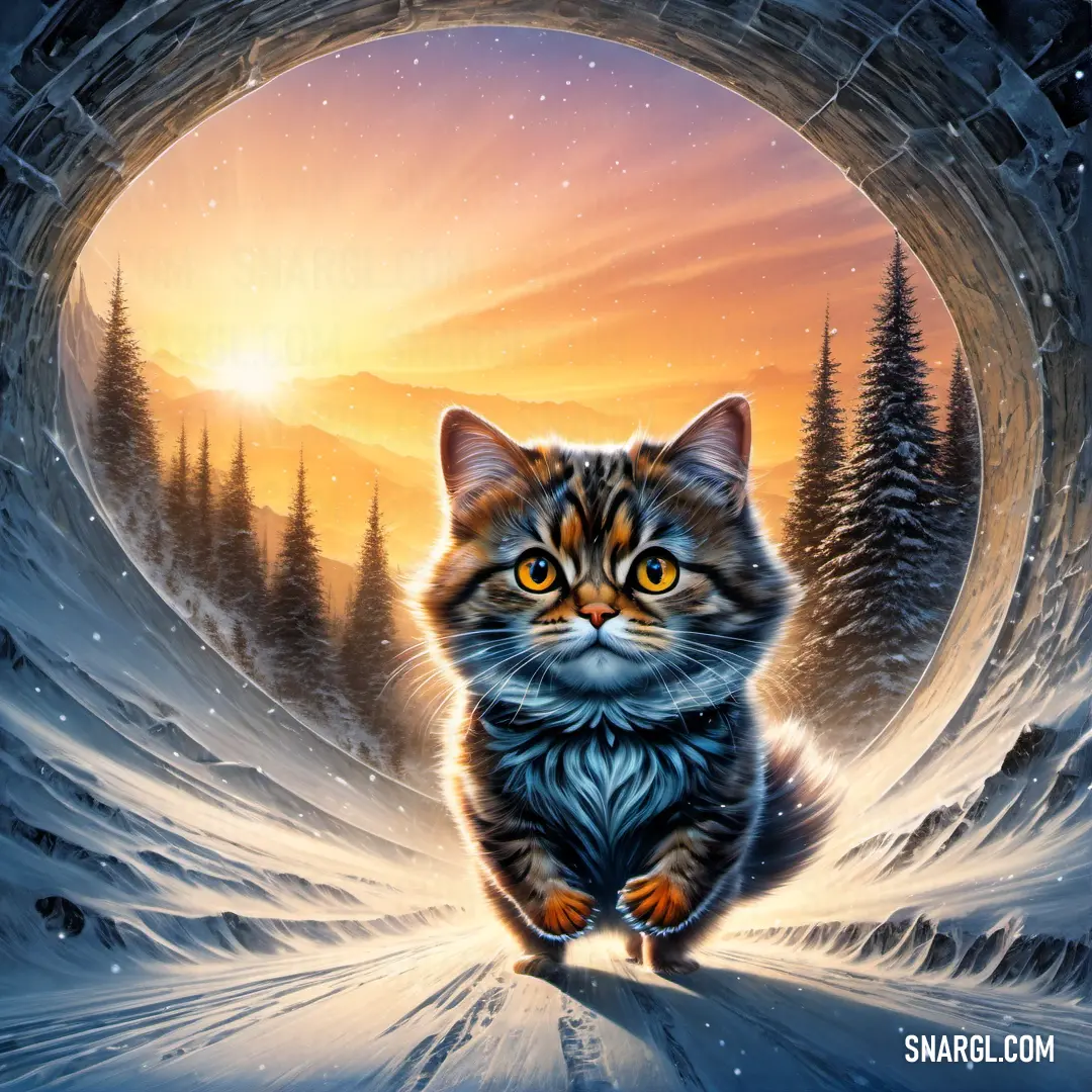 An endearing cat peeking out from a tunnel as the colorful hues of a sunset fade in the background, creating a whimsical interaction between the cat and the stunning natural scenery.