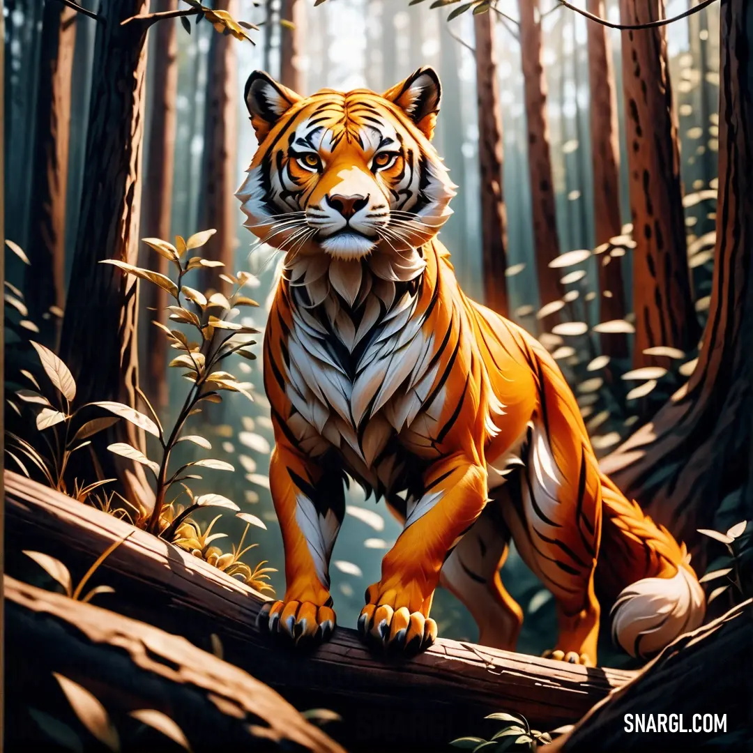 A majestic tiger confidently poses on a log amid a vibrant forest, surrounded by tall trees and lush grass, embodying the spirit of the wild and the beauty of endangered wildlife.