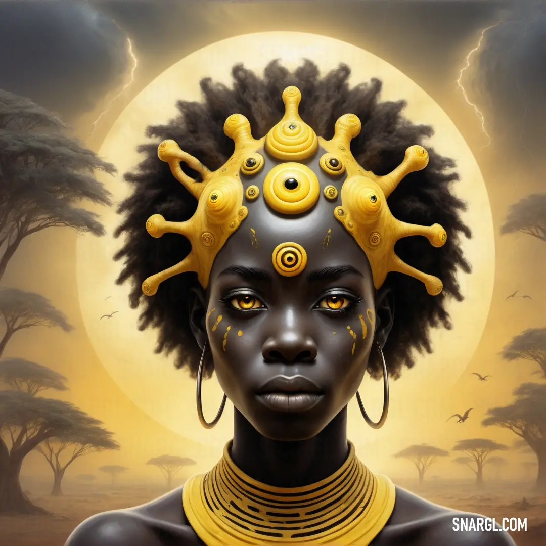 Woman with a yellow head piece and a yellow necklace on her neck