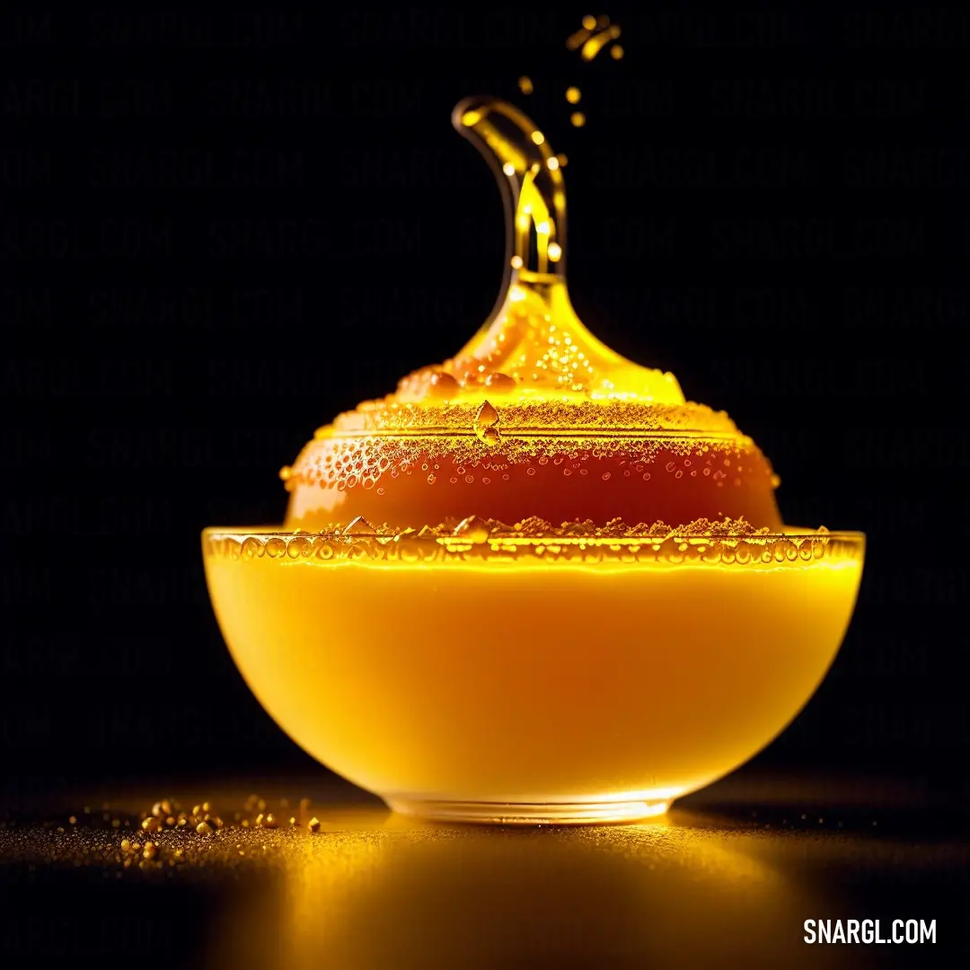 Yellow liquid in a bowl with a black background