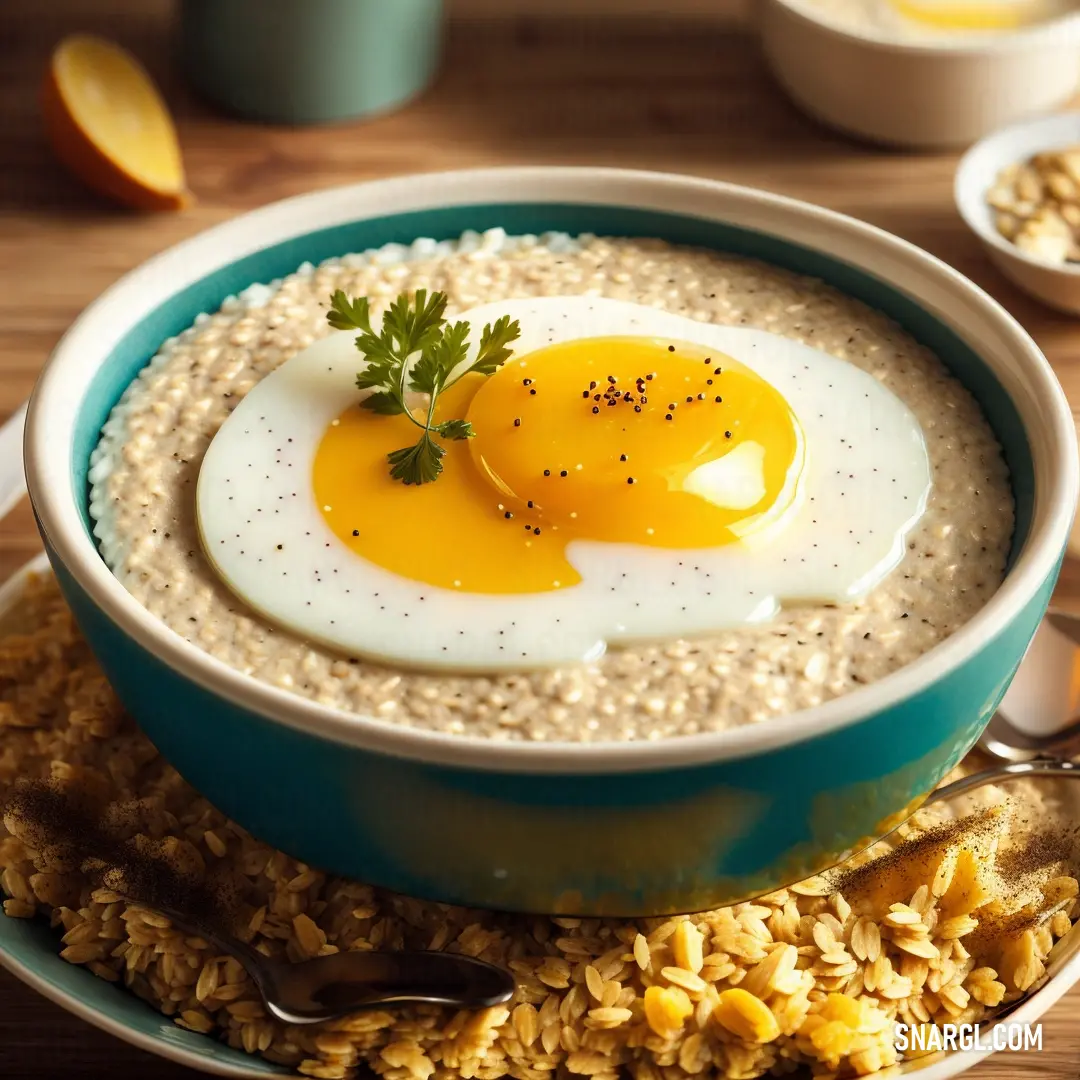 Bowl of oatmeal with an egg on top of it and a spoon in it on a table. Example of PANTONE 116 color.