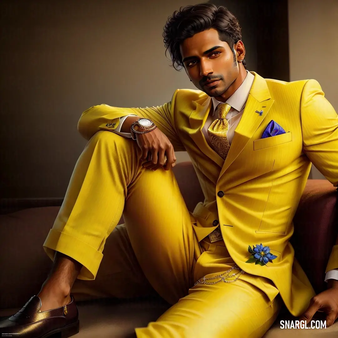 Man in a yellow suit on a couch wearing a watch and a watch bracelet on his left wrist. Color PANTONE 116.