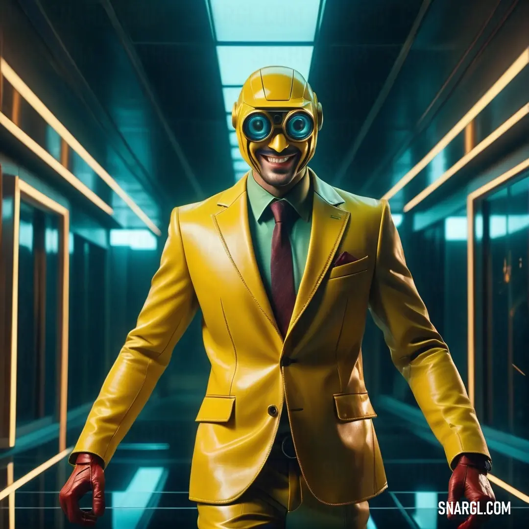 Man in a yellow suit and mask in a hallway with a yellow light behind him and a green light behind him. Example of #F5CB08 color.