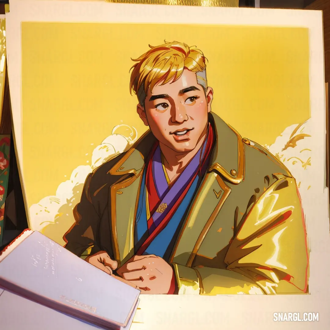 Painting of a man with a book in his hand and a yellow background behind him