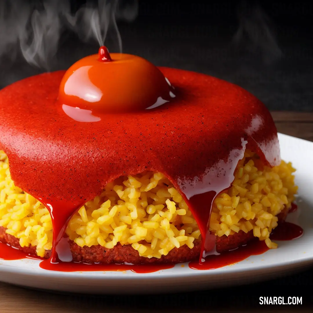 Red cake with a cherry on top of it on a plate with a red sauce drizzled on top. Color PANTONE 116.