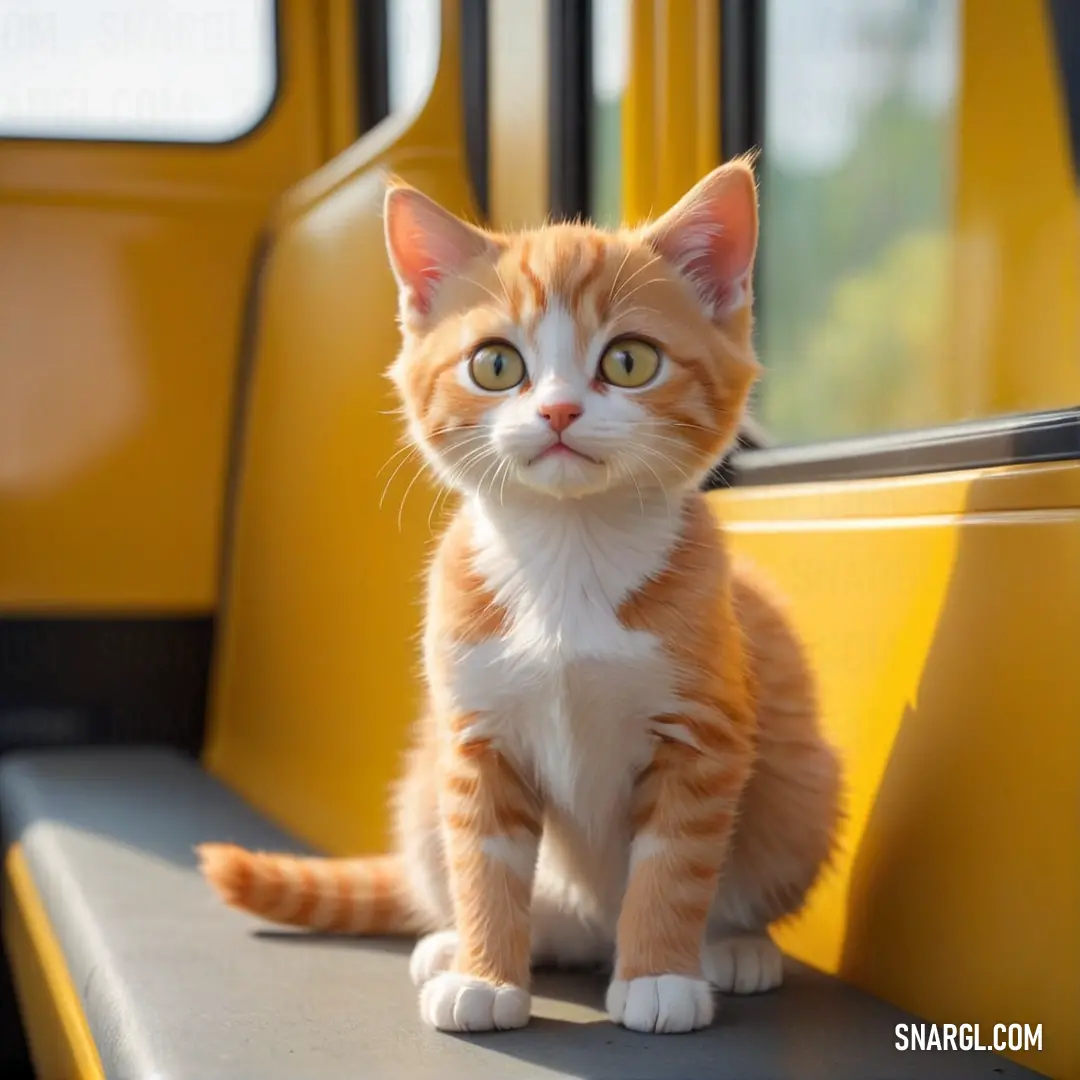 Small orange and white cat on a yellow bench next to a window and a yellow bus door
