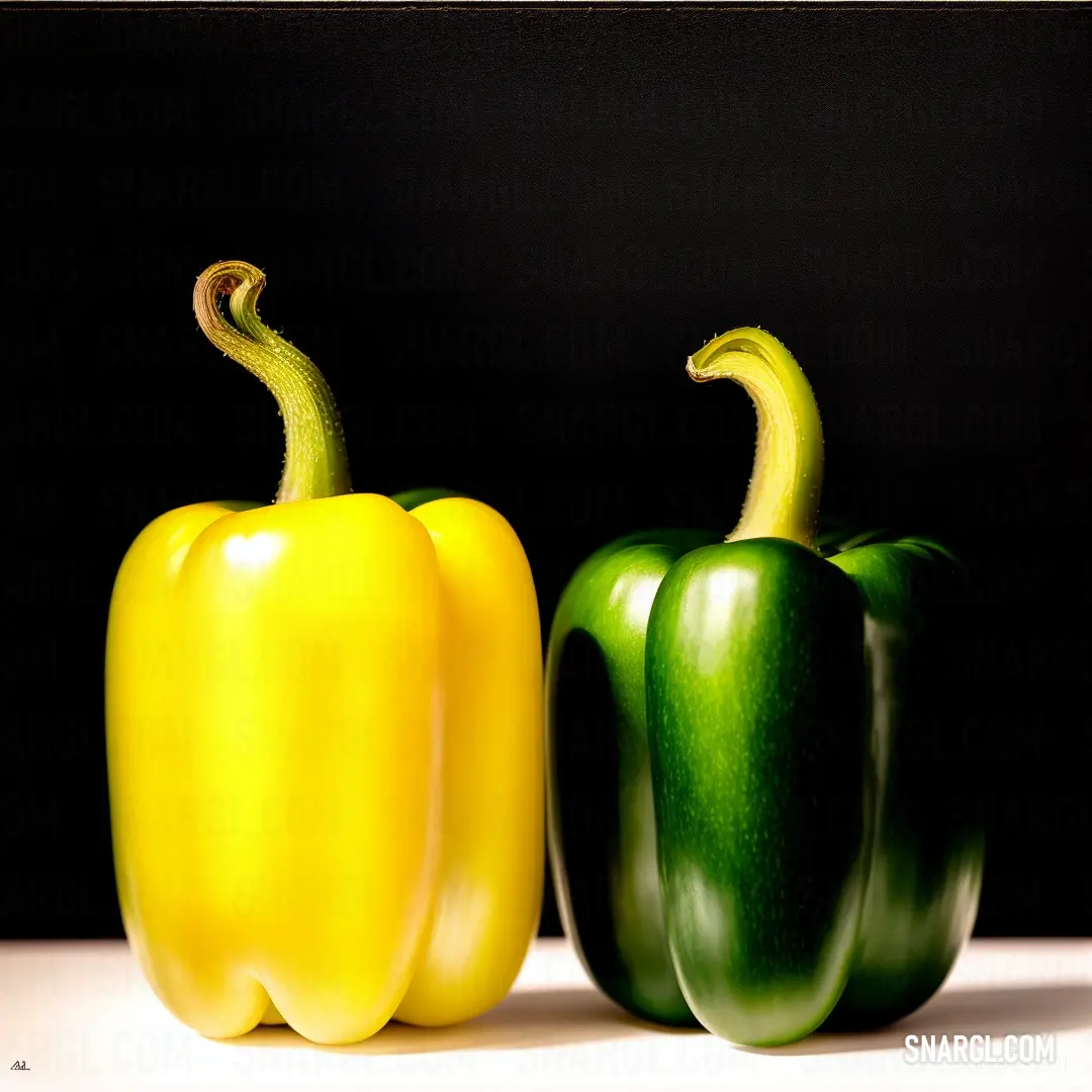 Two green and yellow peppers on a white surface with a black background